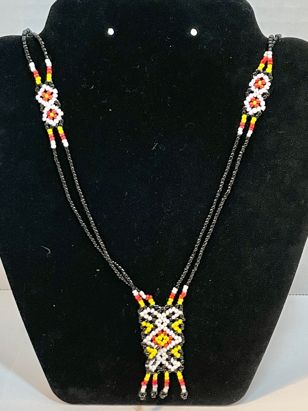 NATIVE AM style Intricate Seed BEAD MULTICOLORED NECKLACE, 32”, Geometric Design